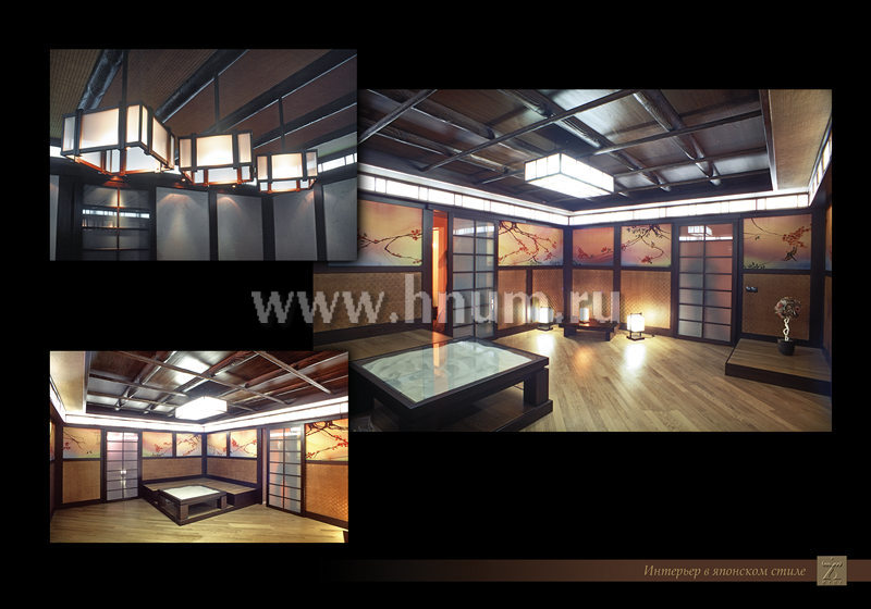 Деревянный интерьер, мебель, люстра и фонари в бильярдной в японском стиле в загородном доме