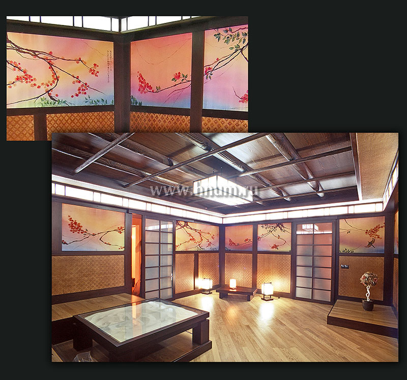 Художественная роспись стен интерьеров, выполненных в едином японском стиле в частном загородном доме