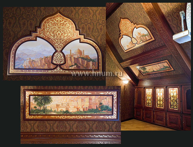 Художественная роспись в интерьере домашнего кинотеатра коттеджа, выполненного в мавританском стиле